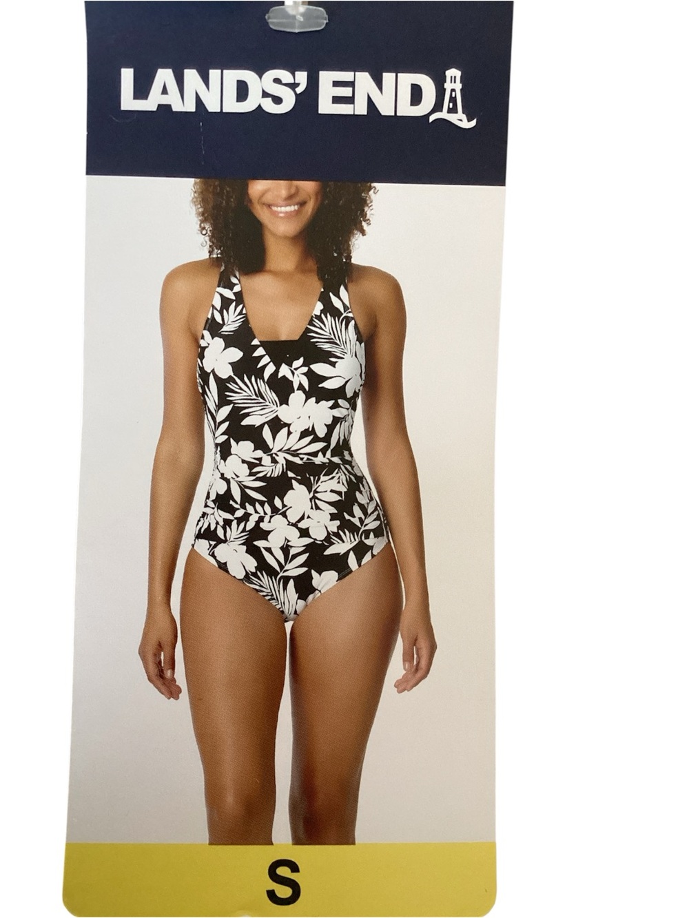 Lands' End Black & White Floral V-Neck One-Piece Swimsuit